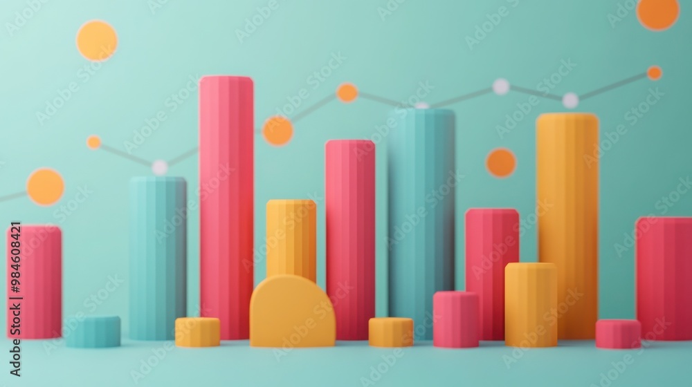 Poster colorful 3d bar graphs with a pastel background, depicting data visualization and analytics trends.