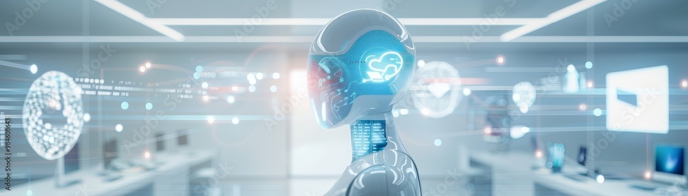 Aufkleber a futuristic robot with a glowing head stands in a modern tech lab, surrounded by digital displays a