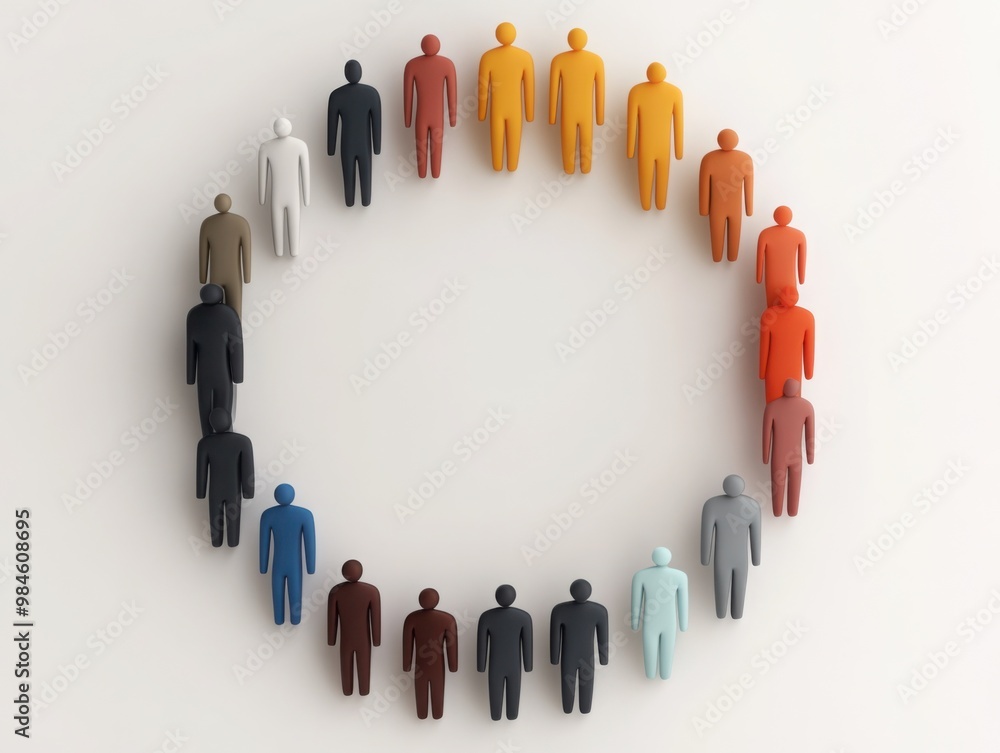 Poster a circular arrangement of colorful figurines representing diversity and unity in a creative and visu