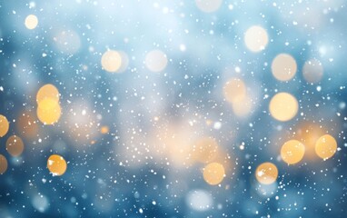 Blur snow blue background. Soft snowfall against a blurred blue background with glowing bokeh lights, creating a peaceful winter ambiance.