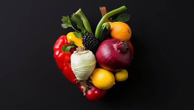 An artistic composition of fruits and vegetables coming together in the shape of a human heart, showcasing nature's power to nourish.