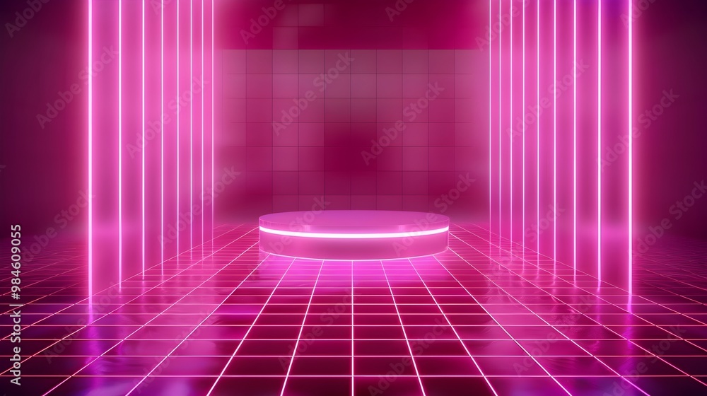 Poster glowing neon pink grid backdrop with floating transparent pedestal for modern tech product concept d