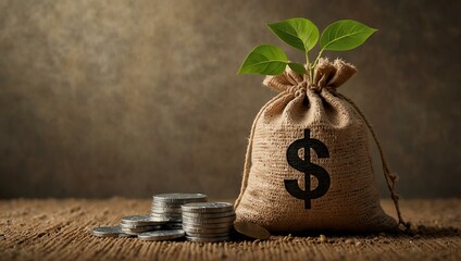 Tree growing from coins and a dollar sign in a burlap sack.