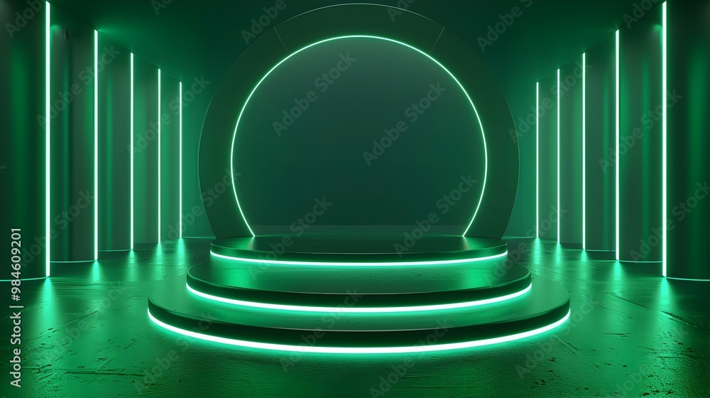 Poster neon green geometric pattern with illuminated central platform for product display concept