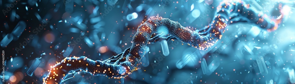 Poster a glowing, abstract representation of a twisted chain or strand, surrounded by shimmering particles 