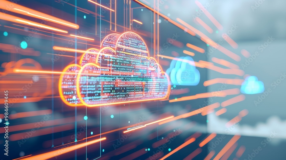 Aufkleber a vibrant digital illustration of cloud computing, showcasing data movement with glowing lines and c