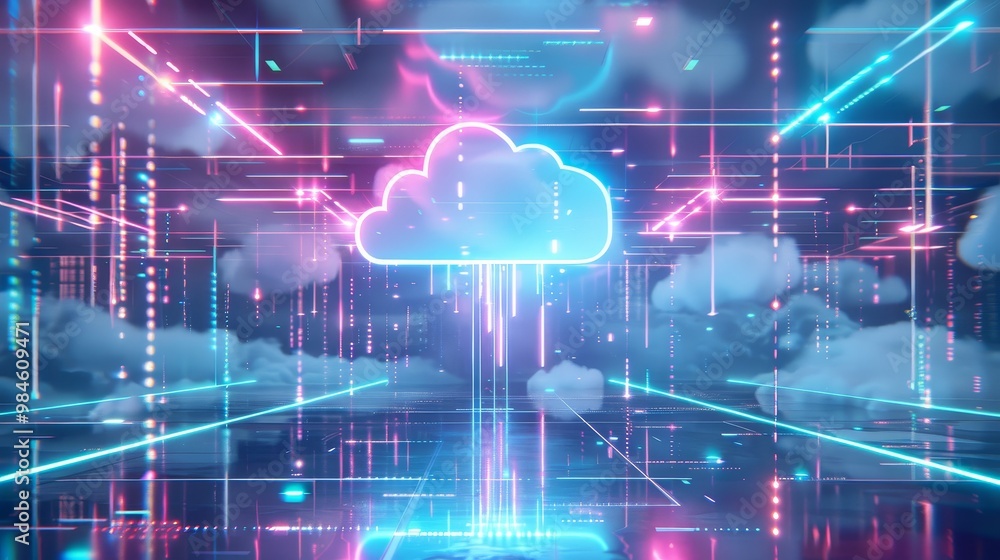 Poster a vibrant, digital cloud surrounded by neon lights and data streams, representing modern cloud techn