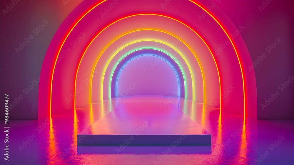 Poster neon rainbow tunnel with floating platform for vibrant product display