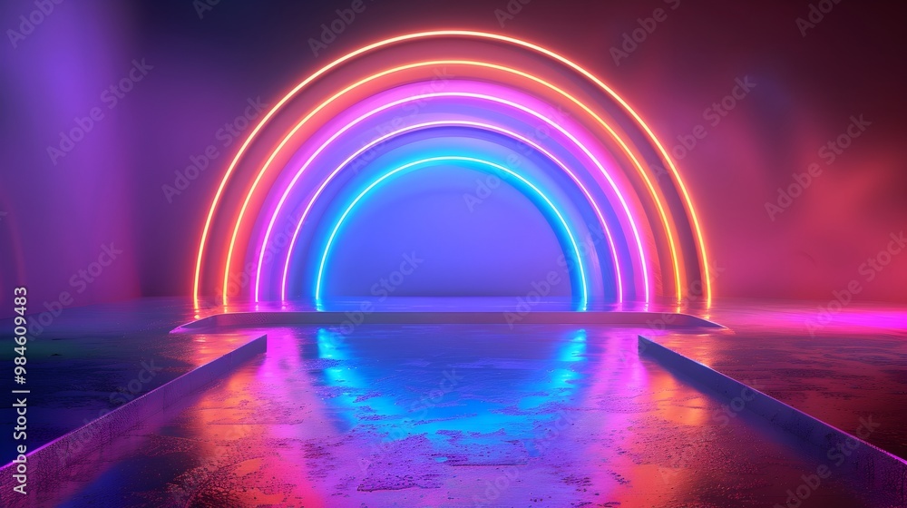 Aufkleber neon rainbow tunnel for vibrant product showcase with empty background and copy space