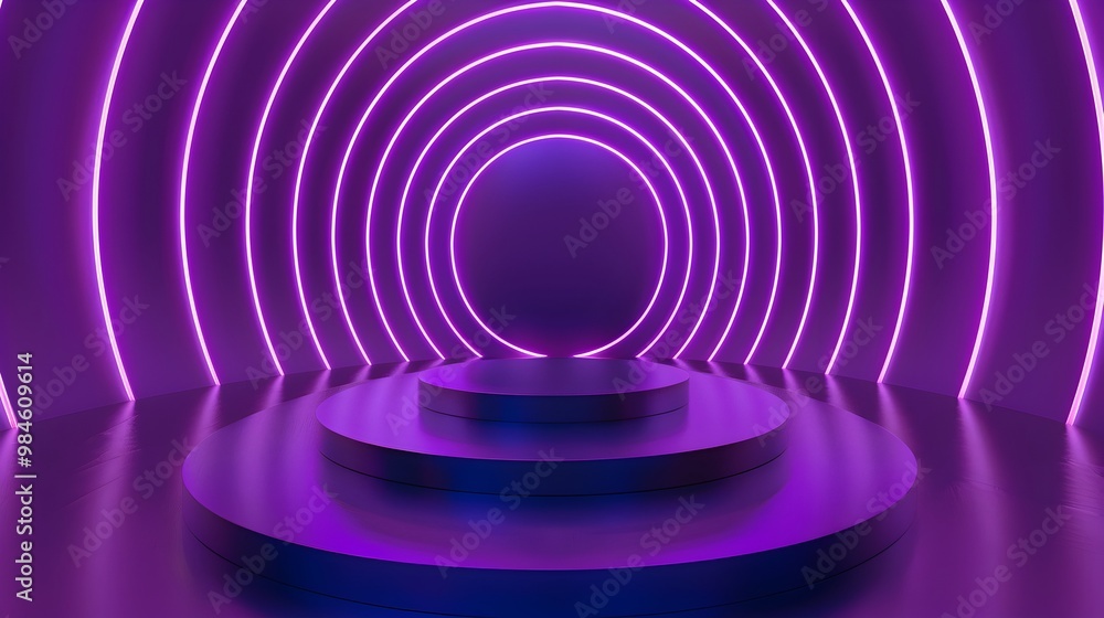 Poster vibrant neon spiral background with elevated platform for tech gadget display