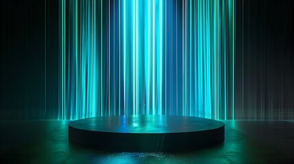 Neon Blue and Green Streaks of Light Against Dark Backdrop with Transparent Display Stand