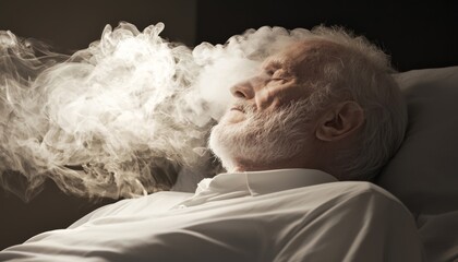 An old man lying in bed, surrounded by an aura of calmness, representing life's final chapter.