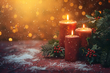 Traditional Christmas Background with Festive Candles, Snowy Pine Branches, and Soft Bokeh Light Creating a Warm and Cozy Atmosphere for the Holiday Season