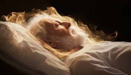 An old man lying in bed, surrounded by an aura of calmness, representing life's final chapter.