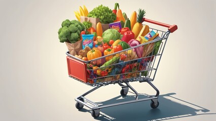 A shopping cart overflowing with colorful groceries, sunlight casting long shadows.