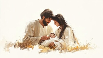 Happy family with baby Jesus Christ. Newborn, father and mother. © Faith Stock