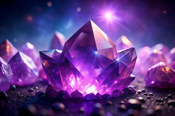 Obraz premium A purple crystal is surrounded by other purple crystals. The image has a dreamy, mystical feel to it