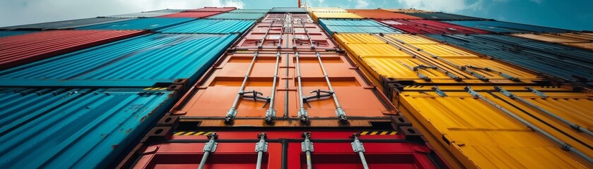 A vibrant view of stacked shipping containers, showcasing a mix of colors and industrial textures under a clear sky.