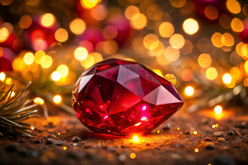 A red diamond sits on a sandy surface, surrounded by a warm, glowing light. The diamond's shape and color create a sense of luxury and elegance, while the surrounding light adds a sense of warmth