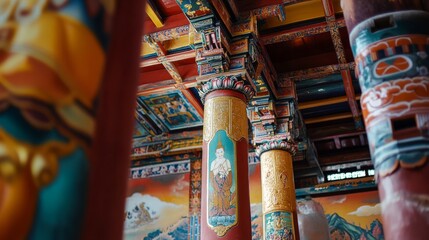 Fototapeta premium A finely detailed mural inside a Ladakhi monastery, depicting scenes from the life of Buddha with vibrant colors