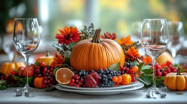 Autumnal Table Setting with Pumpkin and Fruits in a Cozy Outdoor Scene