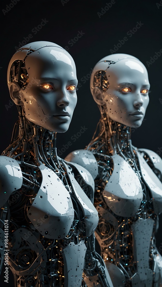 Poster two humanoid figures with tech designs symbolizing robotics and humanity.