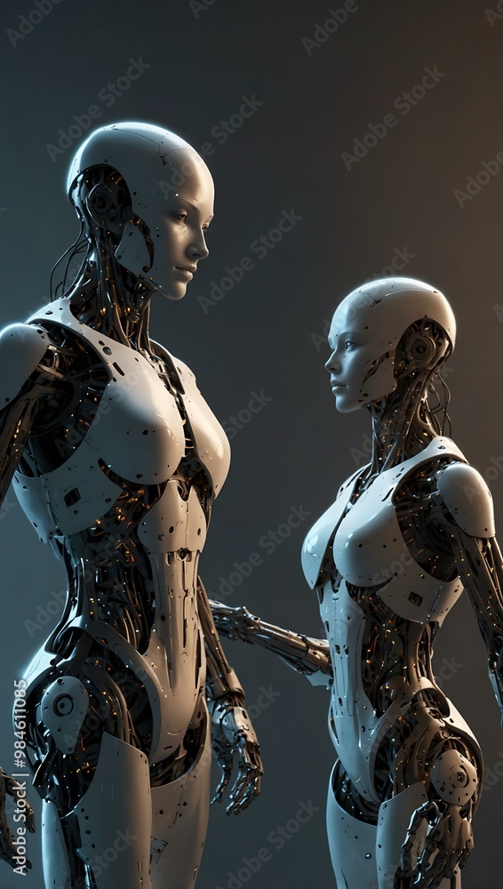 Poster two humanoid figures with tech designs symbolizing robotics and humanity.