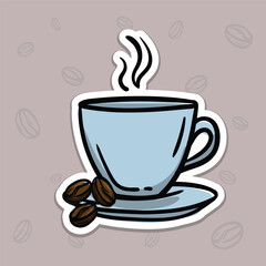 Simple vector illustration of a cup of hot coffee and coffee beans. Hand drawn illustration for sticker, emblem, label, price tag. Colored casual icon for the design of a cafe, restaurant