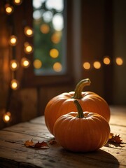 Two orange pumpkins on a wooden table with warm autumn lights.