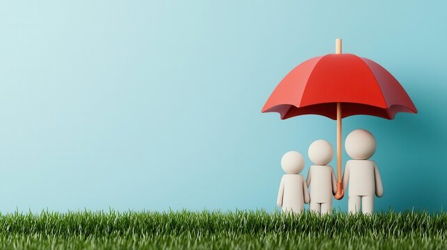 Family under an umbrella, representing life insurance, 3D illustration, copy space for text,