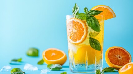 Fototapeta premium Basil, lemon, & orange lemonade in glass on blue.