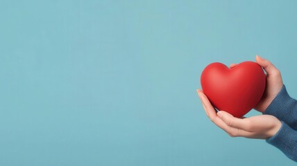 Hands holding a heart, symbolizing health insurance, 3D illustration, copy space for text,