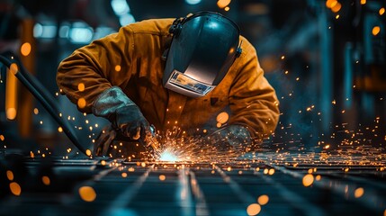 Welder in Protective Gear Working on Metal with Sparks Flying