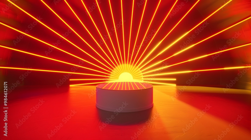 Poster neon sunburst radiating lines with central pedestal on empty background for product display