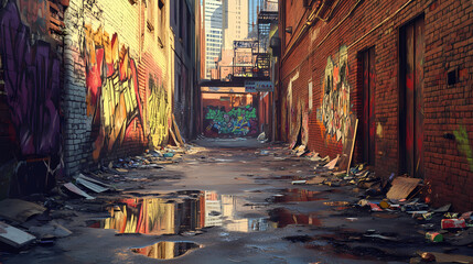 Fototapeta premium A graffiti covered alleyway with a puddle of water in the middle. the alleyway is filled with graffiti and trash, giving it a somewhat run down and abandoned appearance. Graffiti Alley. Illustration