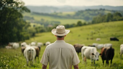 The back view of a farmer overseeing cattle grazing in an idyllic rural landscape, representing life in the country.