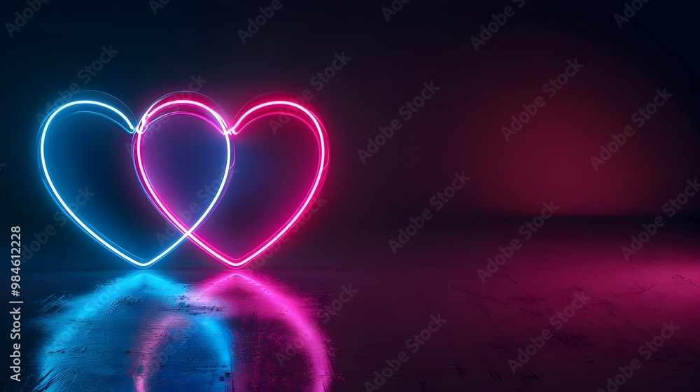 Aufkleber pulsating neon hearts on reflective dark background with copy space for product concept