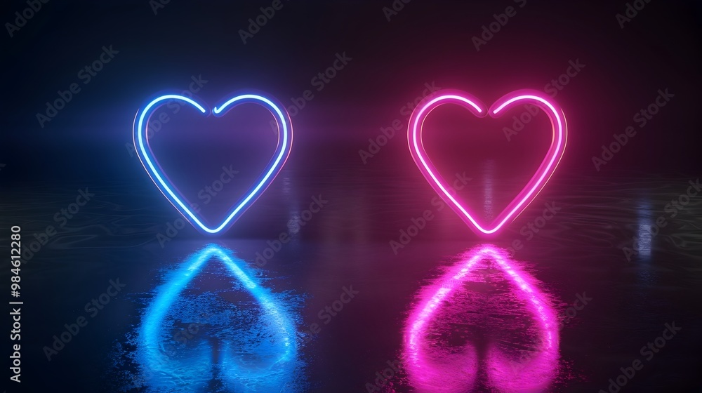 Aufkleber pulsating neon heart shapes on reflective dark background for product concepts