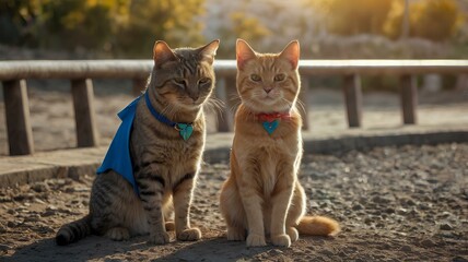 "Divertida escena de un gato y un perro vestidos como superhéroes, con capas y máscaras, en poses valientes y decididas. Ideal para representar amistad, aventura y fantasía entre mascotas