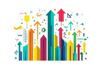 Colorful Flat Vector Design Representing Progress with Upward Arrows on a White Background. Minimalistic Abstract Concept Using Bright Colors for Growth and Success.