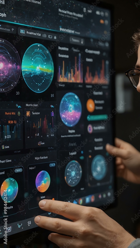Poster user accessing metaverse dashboard with holographic menus.