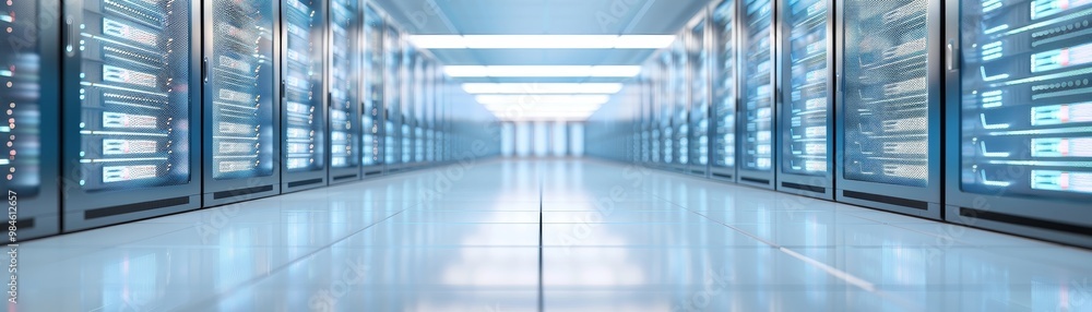 Aufkleber a futuristic data center corridor filled with rows of server racks illuminated by a blue glow, showc