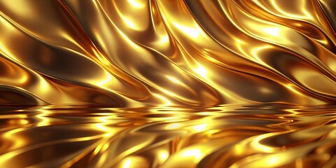 Abstract glossy metallic gold background with reflective surface.
