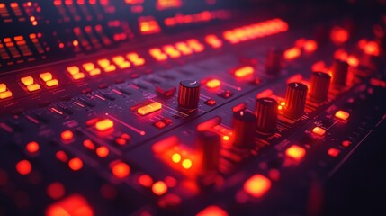 Obraz premium Close-up of a red illuminated music mixer with knobs and buttons.