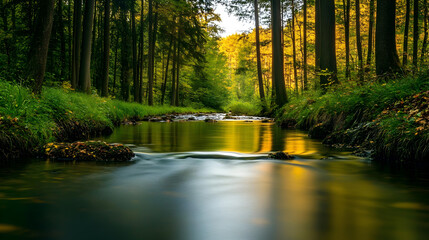 Obraz premium A calm river flowing through a quiet forest.