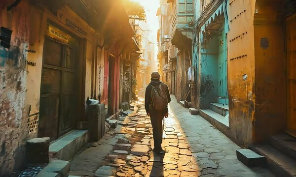 Golden Hour Stroll Through Ancient Alleyways: A lone traveler soaks in the warm glow of sunrise while exploring the vibrant, textured streets of an ancient city