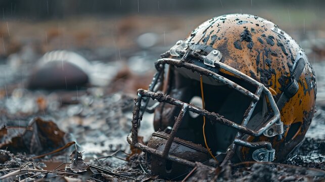 Muddy Football Helmet and Jersey Lying on Ground After Intense Game