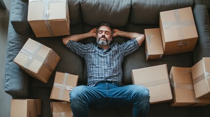 Mature man chilling on sofa after moving.