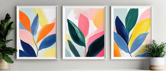 Obraz premium Colorful Abstract Wall Hangings Set: Vibrant Leaf and Feather Designs.