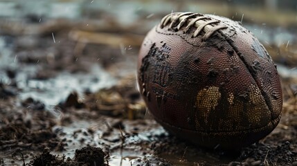 Mud Caked Football on Sidelines of Muddy Playing Field
